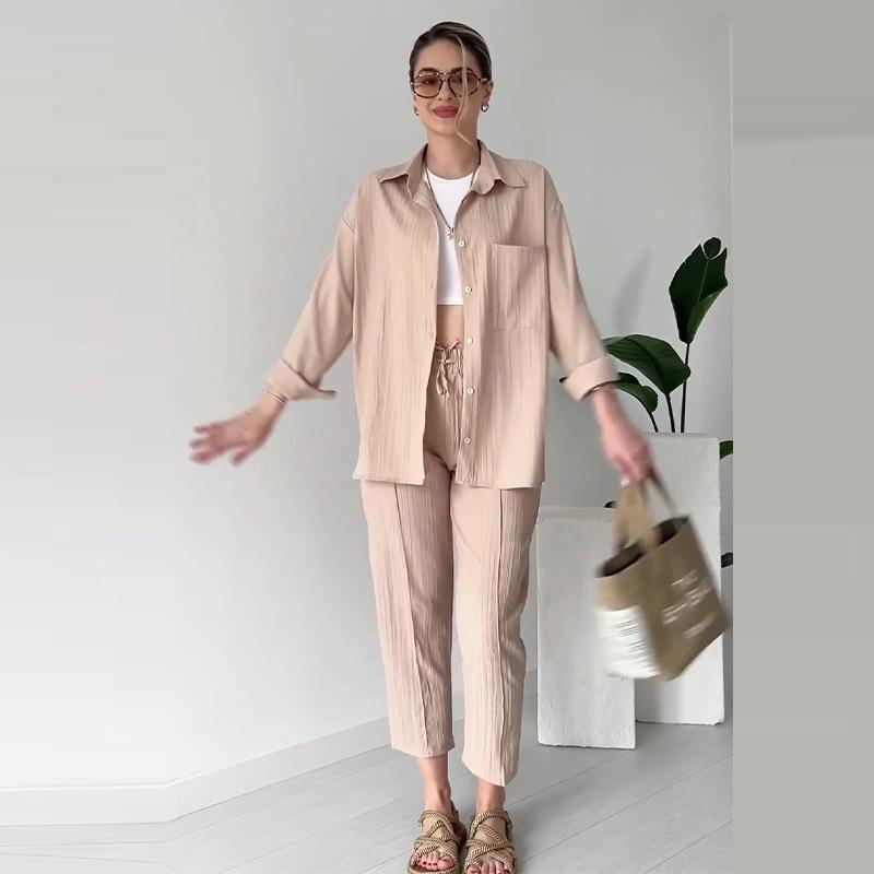 2024 Herbst Europäischer & Amerikanischer Damen Einfarbige Bluse und Lange Hose Lässiges Vielseitiges Zweiteiler-Set