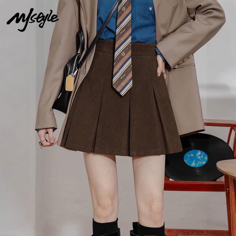MJ STYLE Women s Corduroy High-Waist Pleated A-Line Skirt L