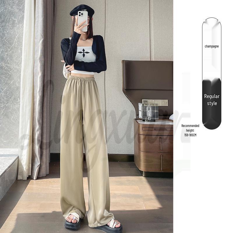 Women's Satin High-Waisted Acetate Wide-Leg Pants - Sun Protection Cool Ice Silk Drape for Short People
