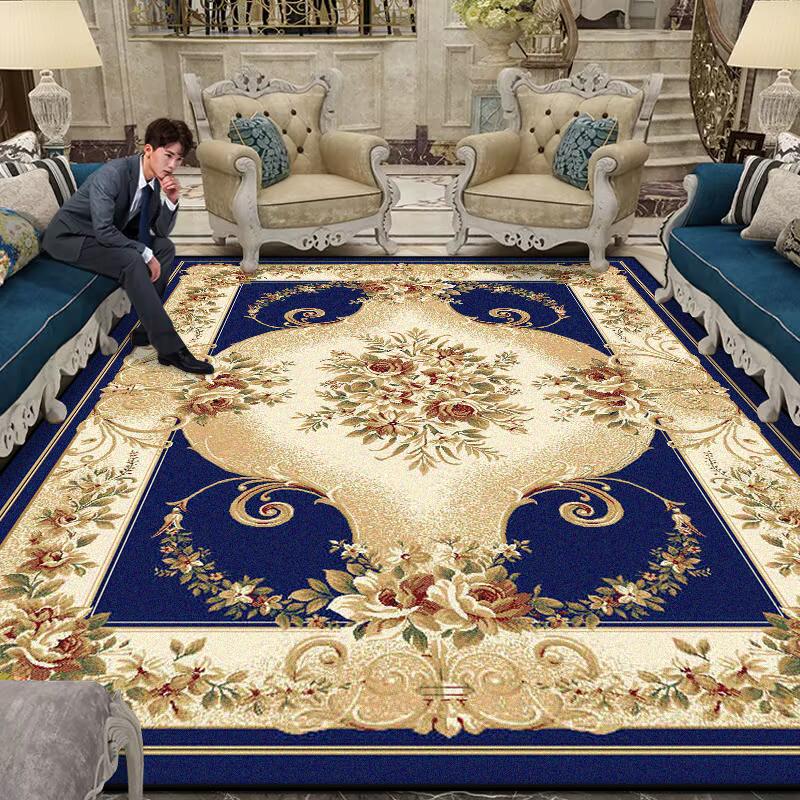 Luxury Large Living Room Rug Non-slip Flower Design Blue Sofa Table Mat Border Design Soft Lounge Rug Machine Washable Flannel