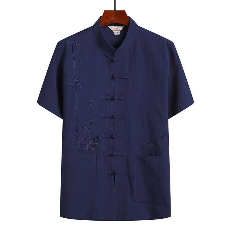 Costum Tang din bumbac-in cu mânecă scurtă pentru bărbați de vârstă mijlocie și în vârstă - Stil chinezesc Hanfu de vară