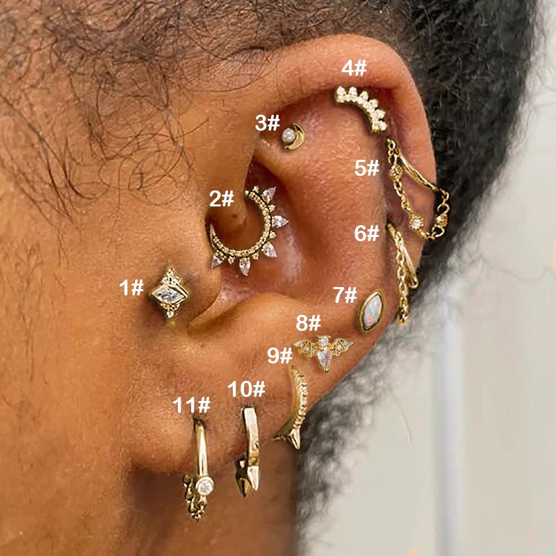 

1pc Helix Lobe Piercing Earring Silver Color Zircon Moon Tragus Rook Dangle Chain Stud Ear Cartilage Accessories Women Jewelry 11-1pc