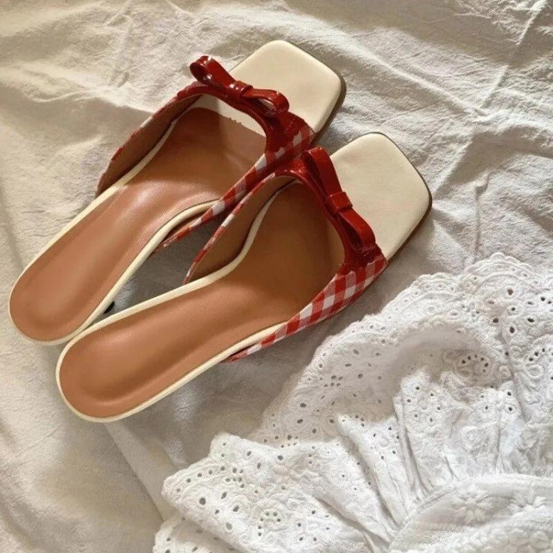 Design Schuhe Retro Karomuster Schleife Sandalen Kitten Heels Französischer Stil Peeptoe Schuhe Mischfarbe Süß und Niedlich Damen Urlaubsschuhe
