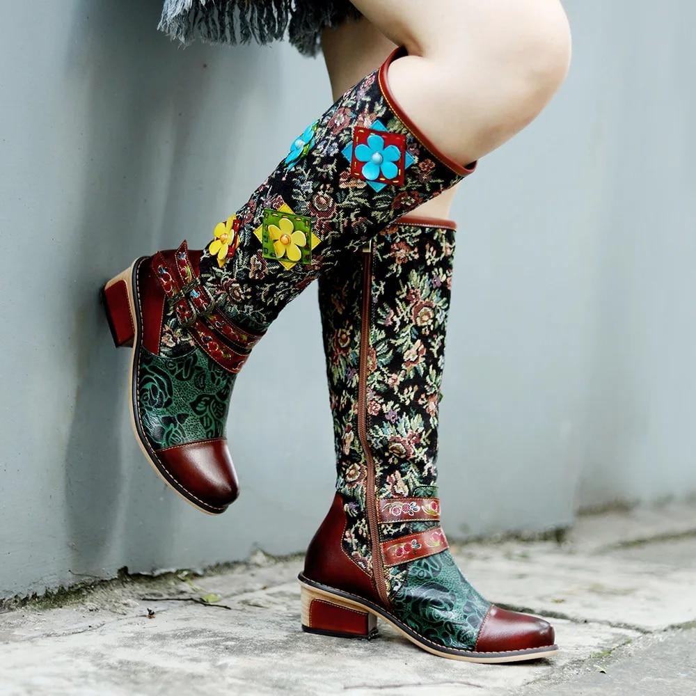 Johnature Handmade Color Printing Splice Flower Belt Buckle Comfortable Thick Heel Women Mid-calf Boots