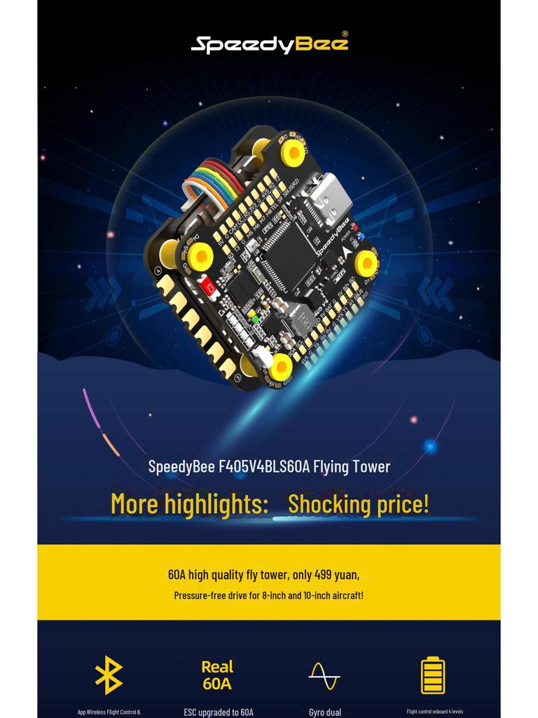 SpeedyBee F405 V4 60A Flight Tower: F405 V4 Controller & BLS 60A 4-in-1 ESC 30x30