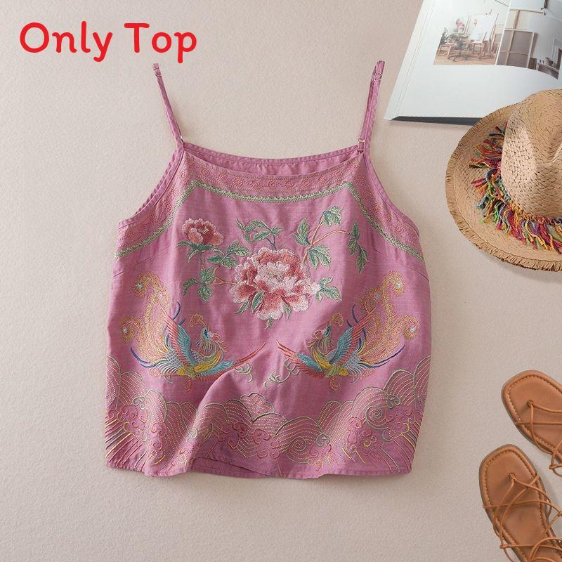 Cotton Linen Embroidered Vintage Sleeveless Tank Top For Women Summer Casual Wear