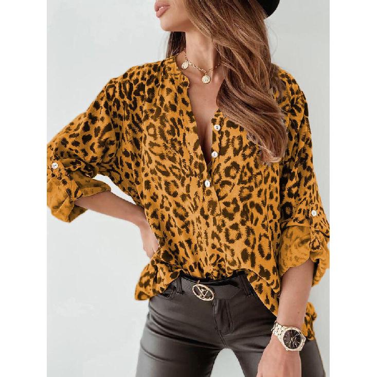 Spring and Autumn Printed Women s Shirt, Long Sleeve Leopard Print Single-Breasted Cardigan, Loose-Fit Women s Blouse S жёлтый