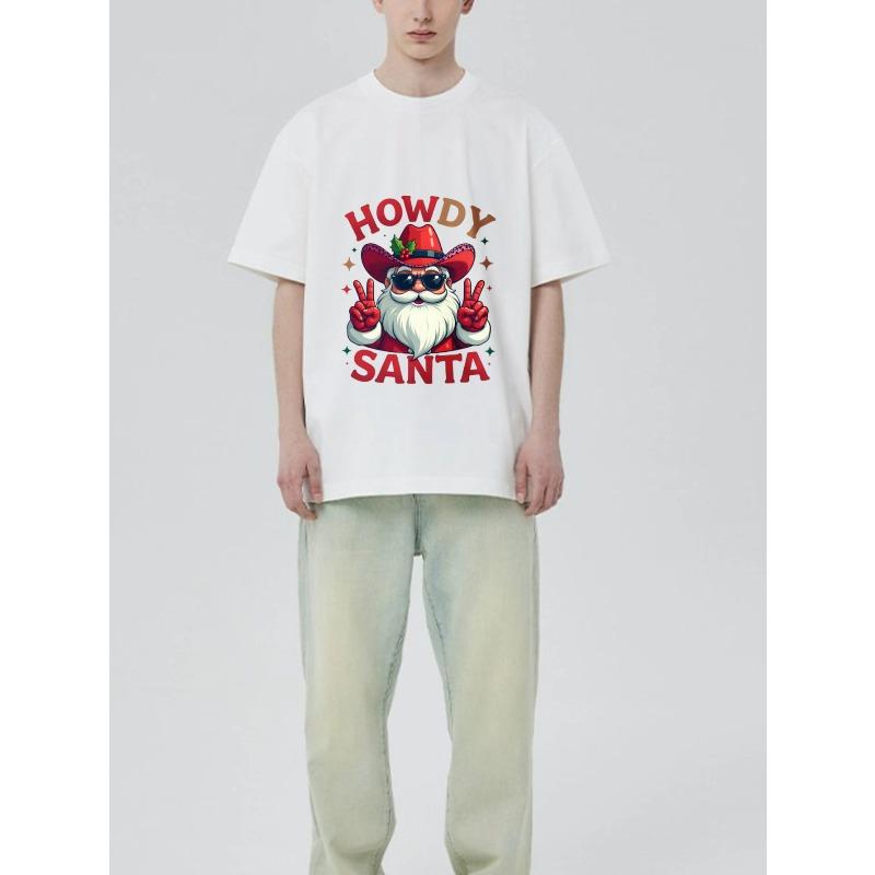 Christmas T-Shirt Black Howdy Santa with Cowboy Hat and Sunglasses Peace Signs Holiday Party Wear