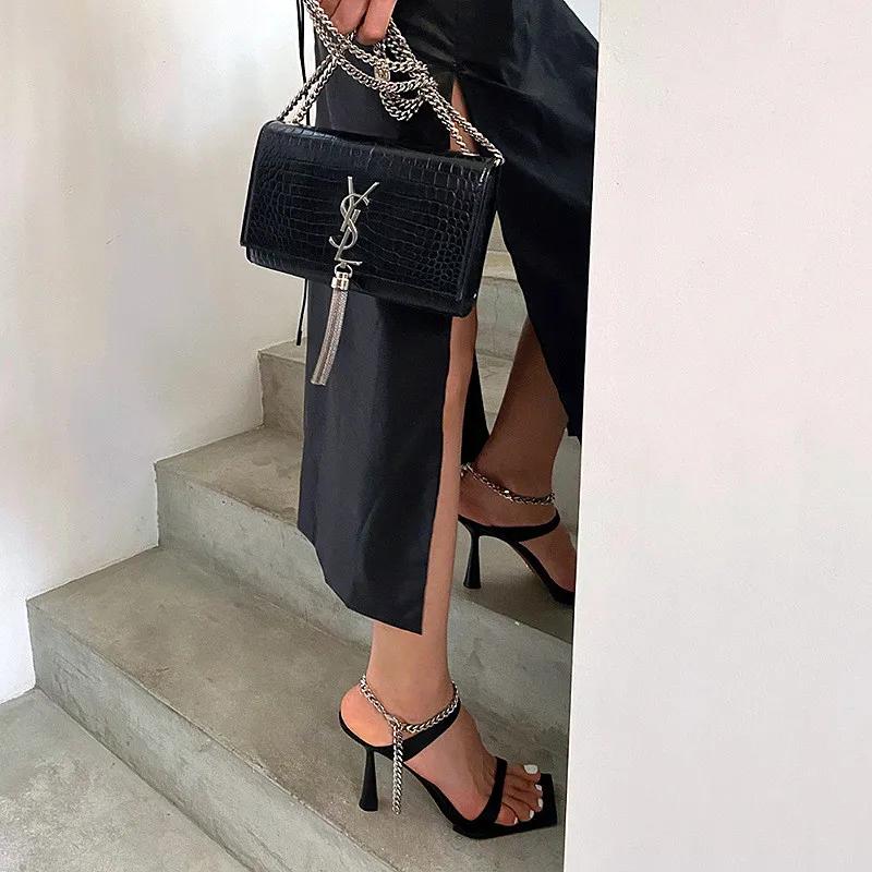 Fashion Sexy Square Toe Black Satin Open Toe Thin High Heeled Sandals Women Summer Luxury Silver Chain Accessories Slide Women Slippers