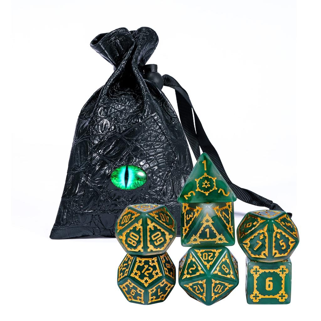 Cusdie 25mm Riesige DND Würfel Schlossmuster Harz Polyedrisches Würfelset mit Lederbeutel für D&D Pathfinder Rollenspiel Brettspiele