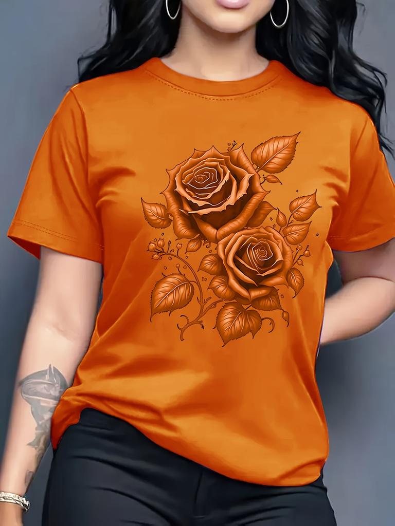 Women's Purple Rose Print Crew Neck Short Sleeve T-Shirt Casual Party Machine Washable Plus Size Top