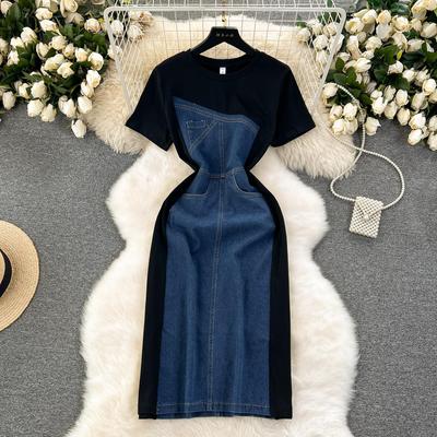 Vestido jeans longo casual de verão para mulheres, vestido jeans com design de retalhos, gola redonda, vintage, para estudantes