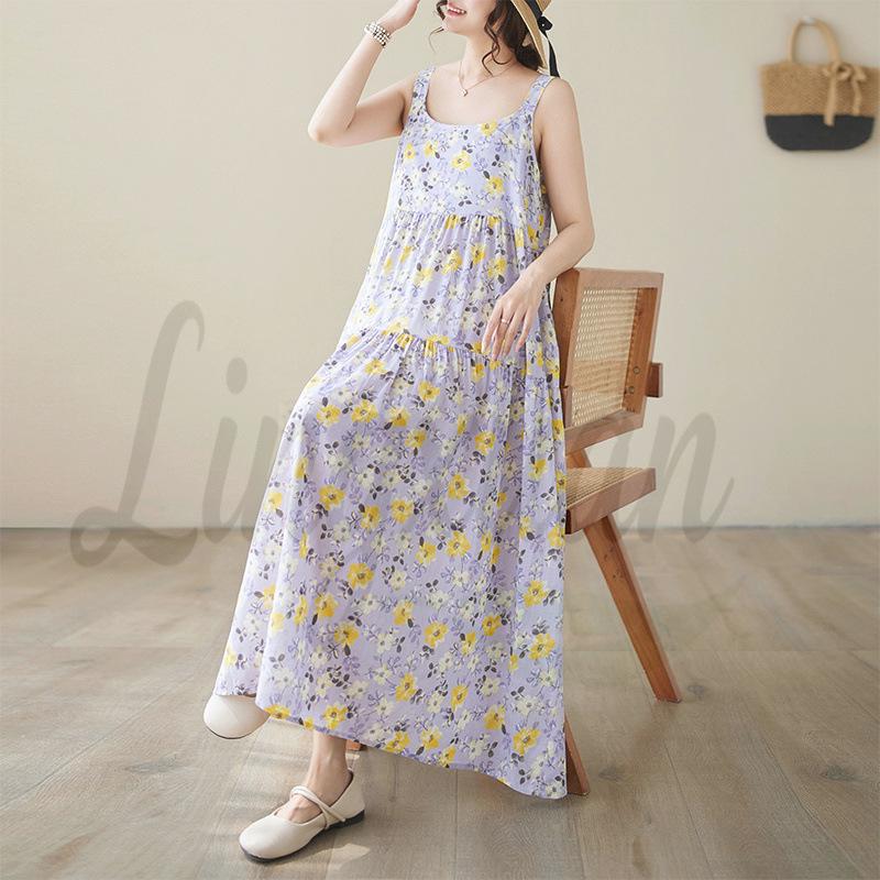 

2026 Summer Women s Cotton Linen Patchwork Long Dress - Loose Slimming Sling with Large Hem Plus Size, One Size