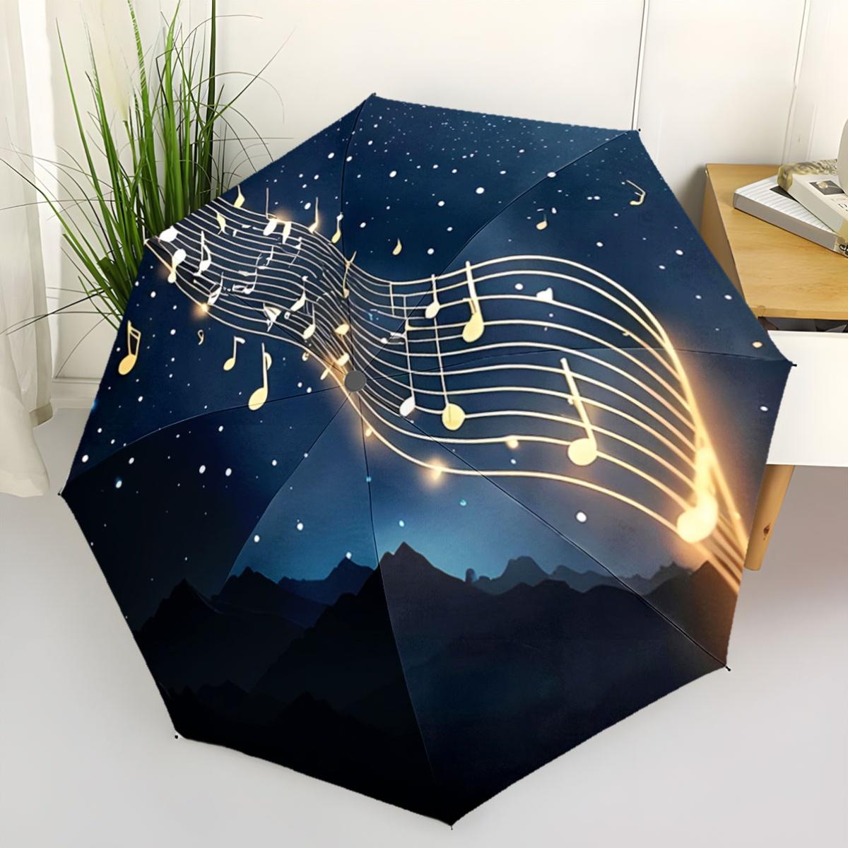 Automatic Folding Umbrella with Music Notes & Starry Night Design - 8-Rib Durable Iron Frame, 210T Pongee Canopy, Automatic Op