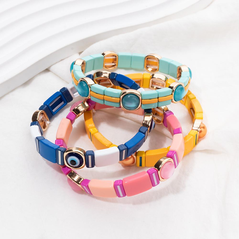 New Fashion Deil Eye Enamel Bangle for Women Colorful Beaded Boho Rectangle Shape Hand Accessory