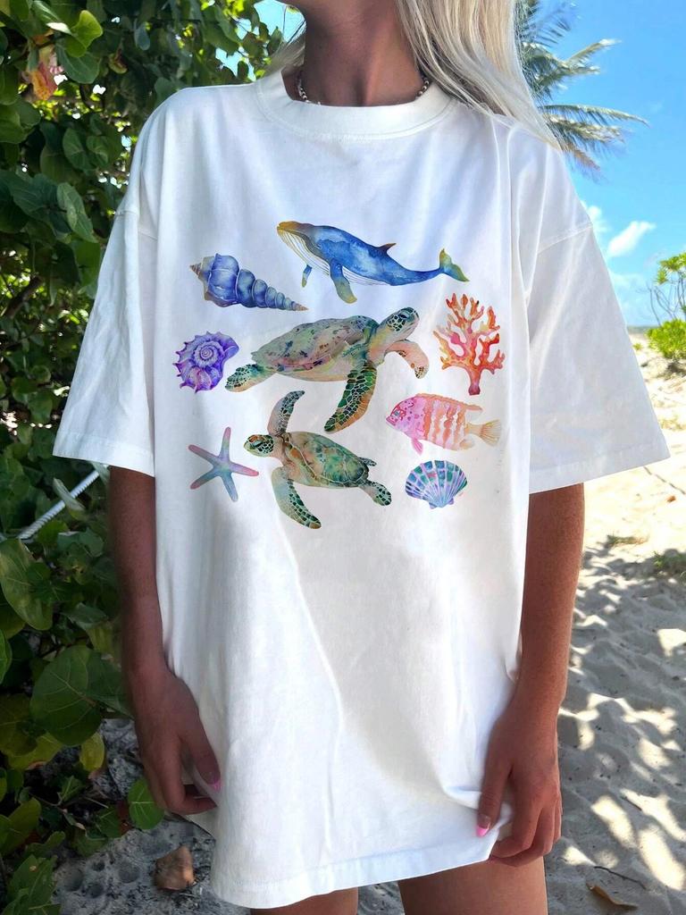 Marine Animals Whale and Turtle Printed  Women's Casual Crew Neck Short Sleeve White T-shirt Summer Women T-Shirt