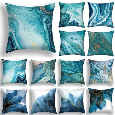 Housse de coussin Marbre Bleu 45x45cm Motif Pierre de Mer Oreiller de Canapé Carré Feuille Abstraite