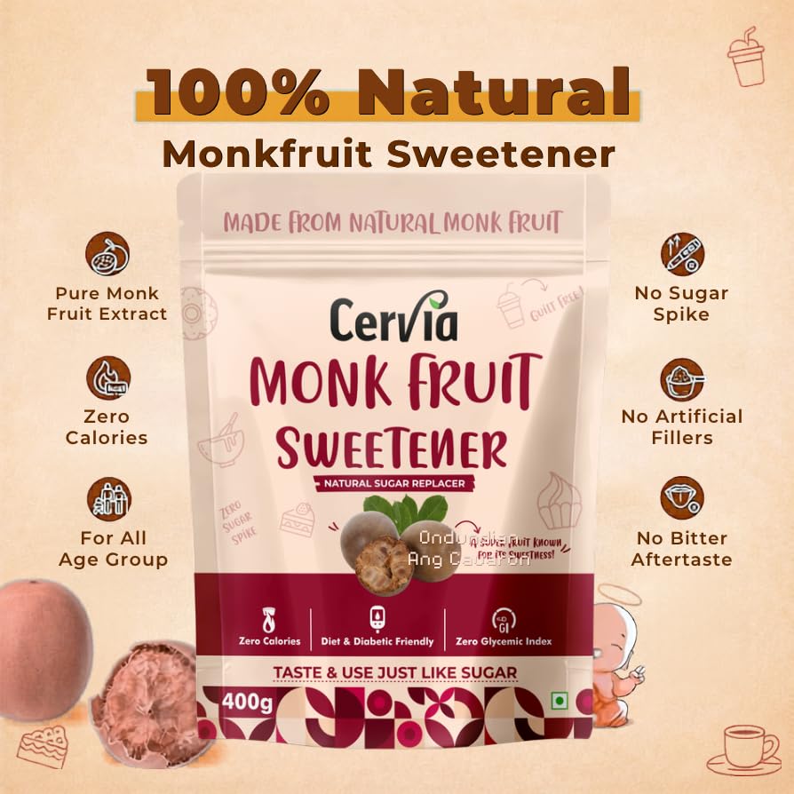 Cervia Monk Fruit Natural Sweetener 400g | 100% Natural Sugar Replacement | Zero Calories | Zero Glycemic Index | No Blood Sugar Spike | Diabetic &