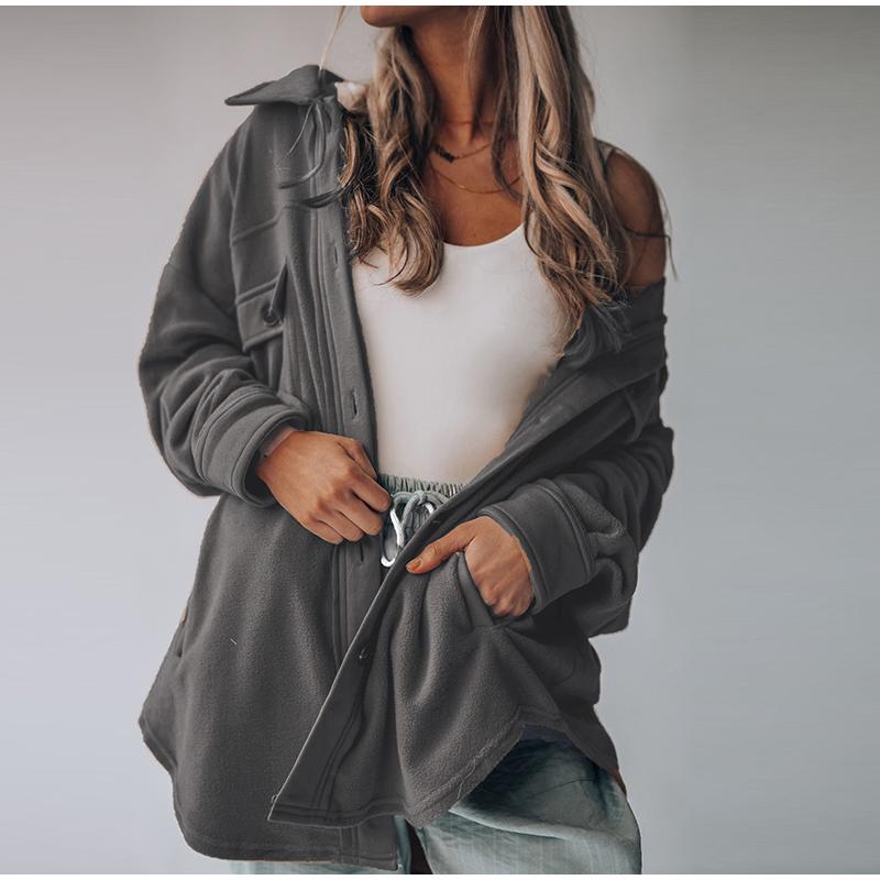 Осенне-зимняя женская флисовая куртка с длинным рукавом и лацканами — фото 4