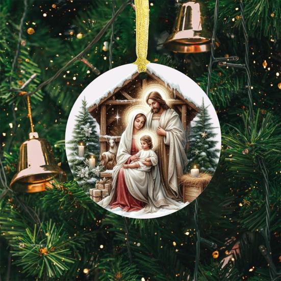 Nativity Night Ornament Round Acrylic Birth of Jesus Christ Hanging Decoration Religious Themed Christmas Keepsake for Winter Xmas Tree Decor