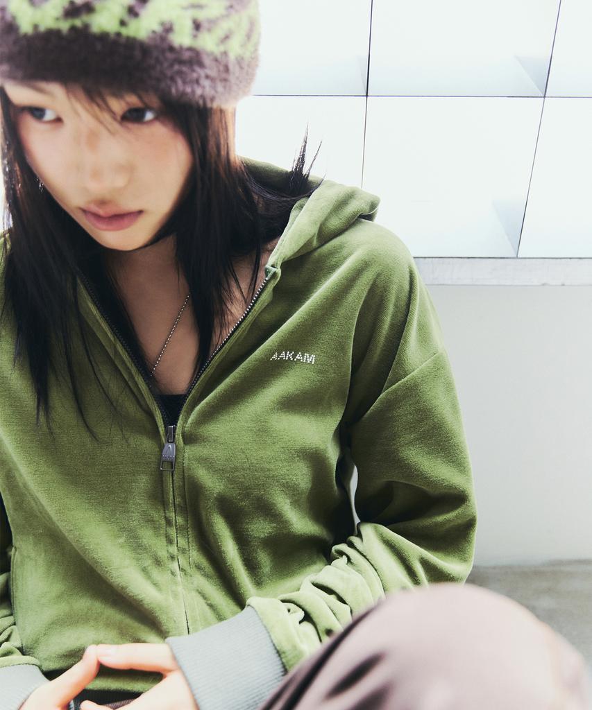 Aakam Rhinestone Velor Zip-Up Hoodie (Green)