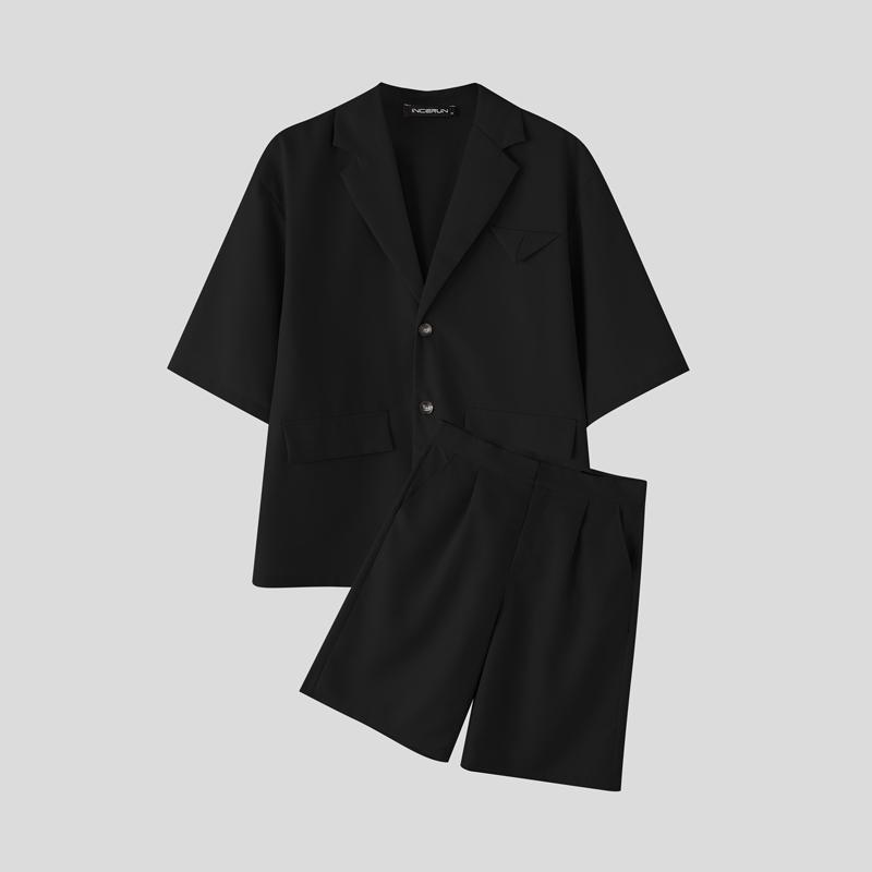 INCERUN 2PCS Men Lapel Neck Short Sleeve Shirt Long Straight Pants Sets Two Pieces Outfits