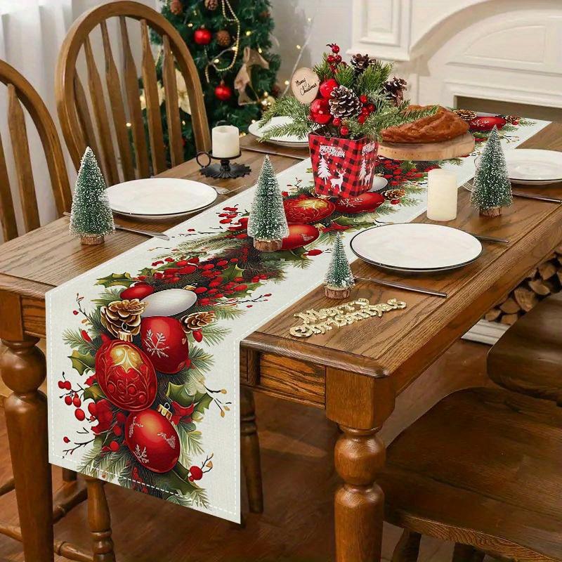 Christmas Ball Pine Needle Table Runner for Table Decor Winter Xmas Snowflakes Kitchen Dining Table Runners Christmas Decoration