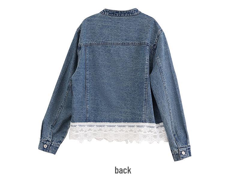 2025 Spring Women's Denim Jacket with Lace Patchwork and Stand Collar, Model OU6783