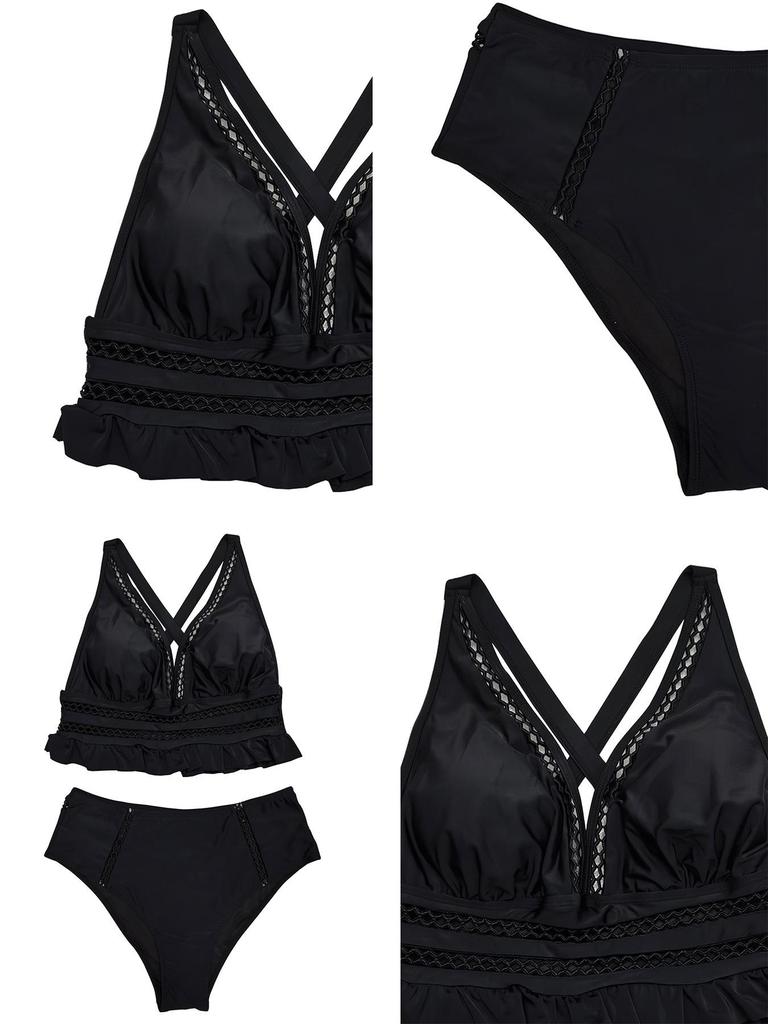 Damen Sexy High Waist Rüschen Badeanzug - Große Größen, Europäisch Amerikanischer Stil, Bauchkontrolle, Cut-Out Design Badebekleidung