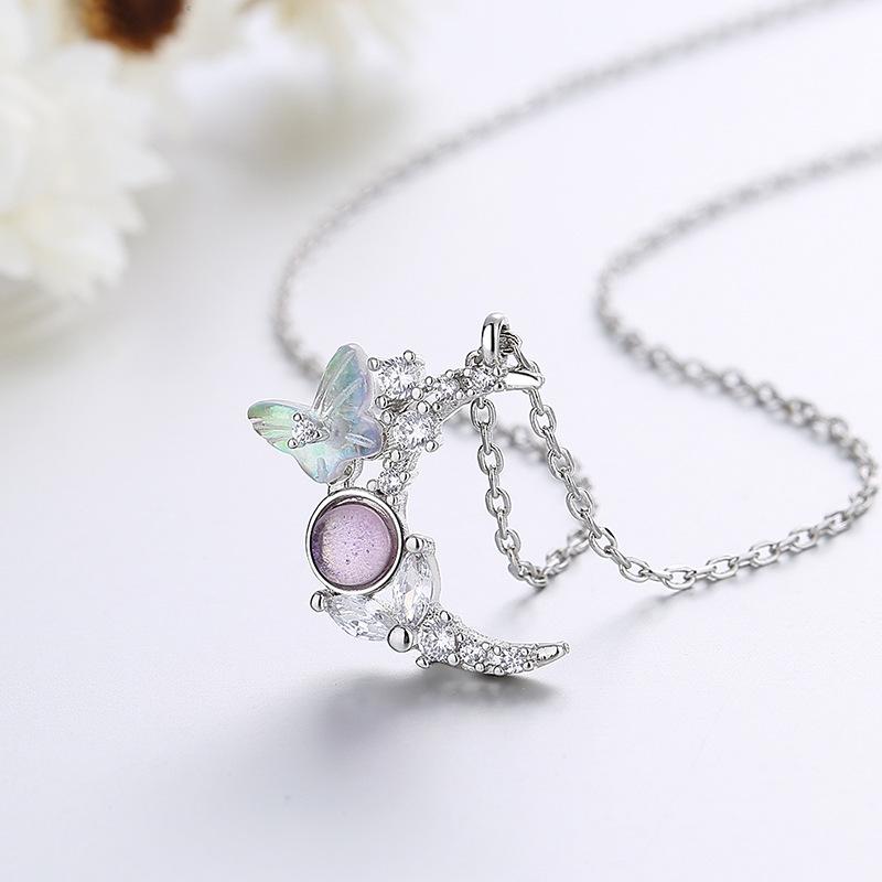 Dazzle Crystal Butterfly Dewdrop Moon Pingente Colar para Mulheres Exquisite S925 Prata Colares Menina Romântica Jóias