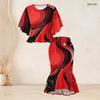 Women Plus Size Two Piece Set Round Neck Batwing Sleeve Ruffle Hem Top Black Gold Printed Fishtail Skirt