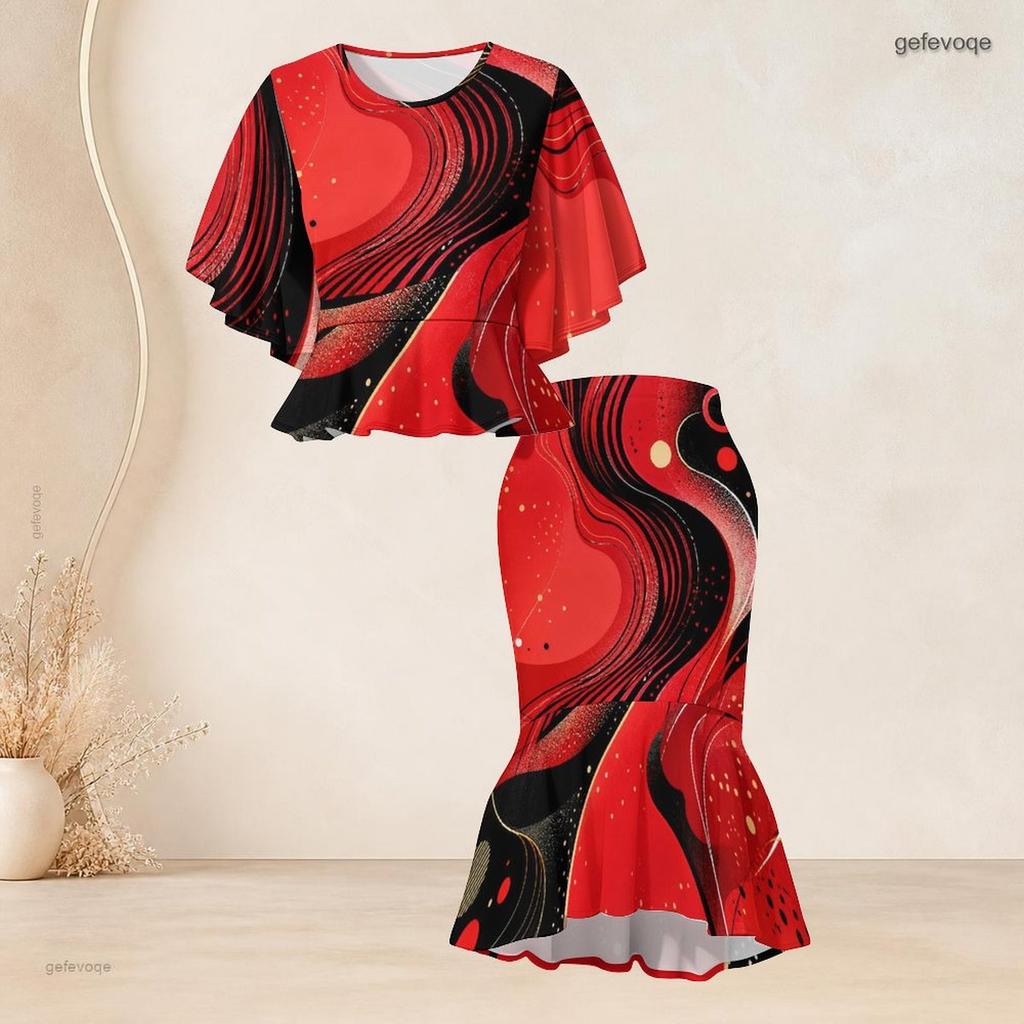 Women Plus Size Two Piece Set Round Neck Batwing Sleeve Ruffle Hem Top Black Gold Printed Fishtail Skirt