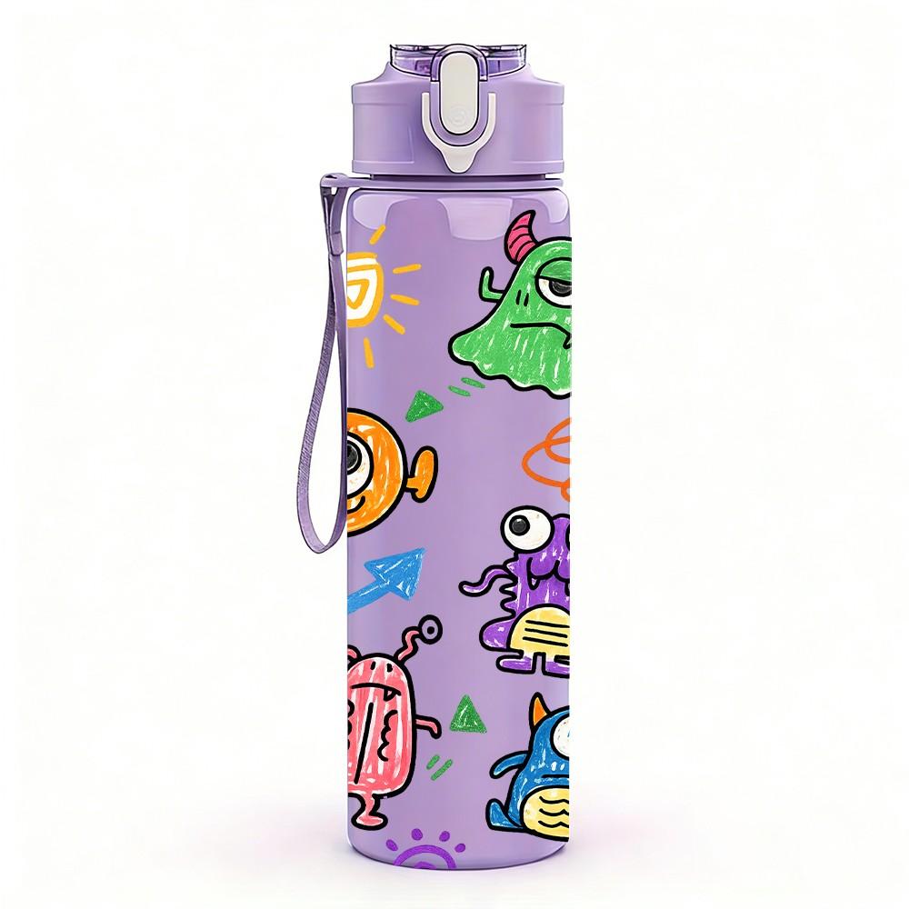 1PC Sun Monster Doodle Print 750ml Color Plastic Sports Water Bottle Leakproof Flip Straw Lid Suitable for Sports Office Home Use