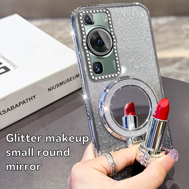 KEYSION Luxury Glitter Jewelled Magnetic Phone Case for Huawei P60 Pro Makeup Mirror Stand Shockproof Cover for Huawei P60