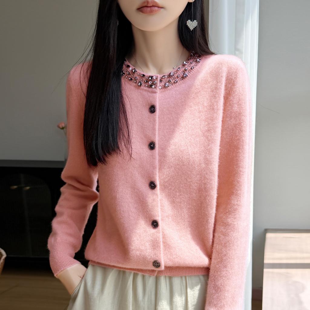 Women Autumn Winter Knit Cardigan Retro Fair Isle Pattern Round Neck Long Sleeve Loose Wool Blend Sweater Coat Casual Outerwear