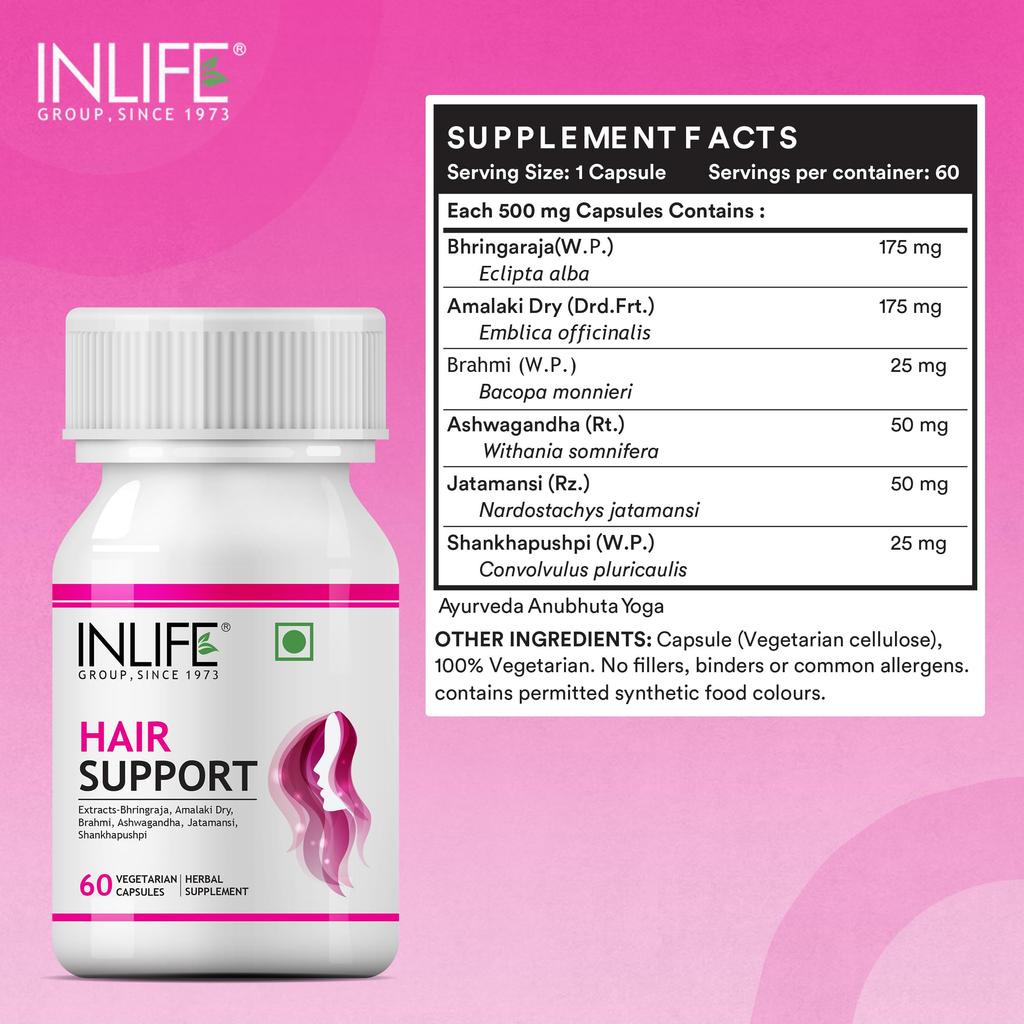 INLIFE Hair Support 500mg, Bhringraj Brahmi Ashwagandha, 60 Veg Capsules (Pack of 1, 60)