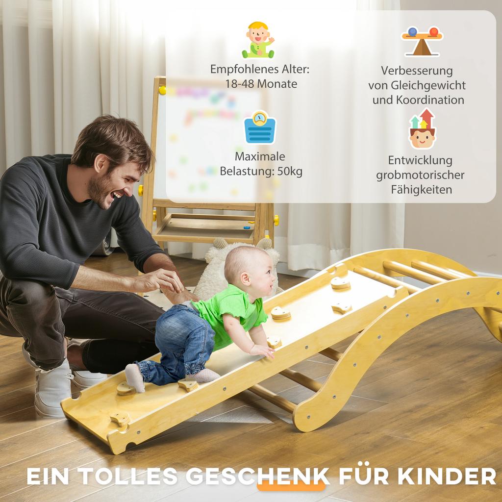 Kids' Climbing Set, 4-in-1 Design with Arch Bridge, Rocking See-Saw, Cushion, Slide Ramp, for Indoor Use, Wood