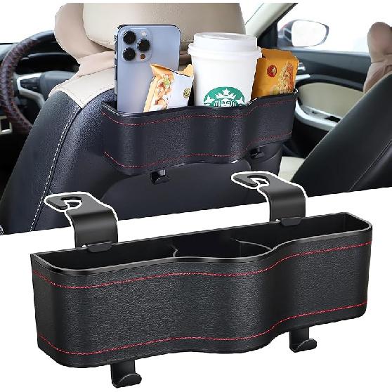 Backseat Car Organizer With Cup Holder - Multifunctional Back Seat Car Organizer With Two Seat Hooks, Fits Most Cars, Can Hold Snacks, Canned Drinks