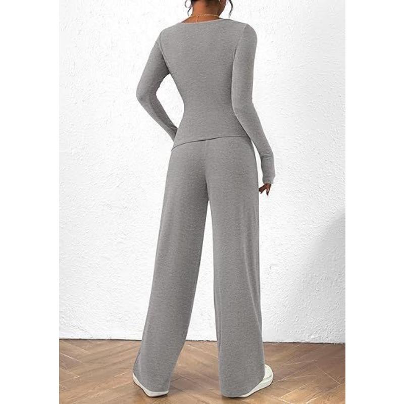YYFS Pantaloni da donna alla moda casual primavera autunno tinta unita stampa manica lunga scollo a V pantaloni tuta