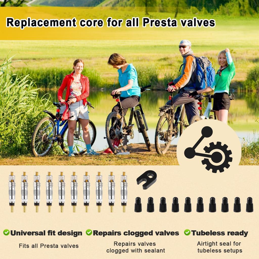 Valve Core Repair Kit for Presta, Including 10pcs Valve Cores, 10pcs Tyre Valve Core Stem Caps and Valve Core Remover Removal Tool Tubeless Valve