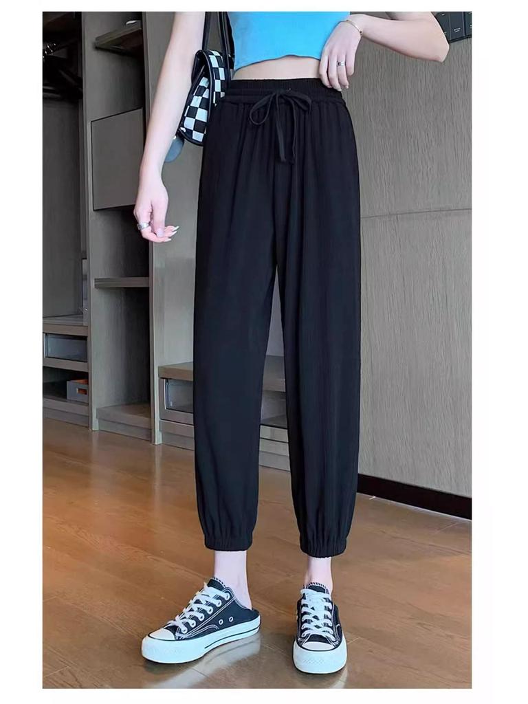 Petite Ice Silk Drawstring Sweatpants, Women's Summer Thin Lantern Style, Mosquito-Proof, Cuffed for Cool Comfort.