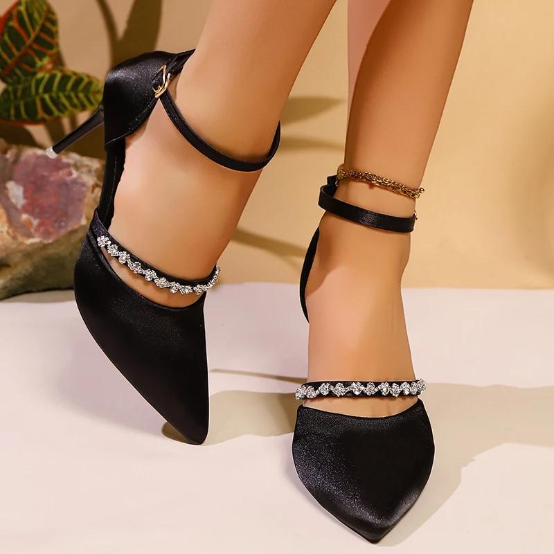 Women's Elegant White Satin High Heel Pumps Fashion Crystal Decor Party Dress Shoes Woman Pointed Toe Ankle Strap Stiletto Pumps