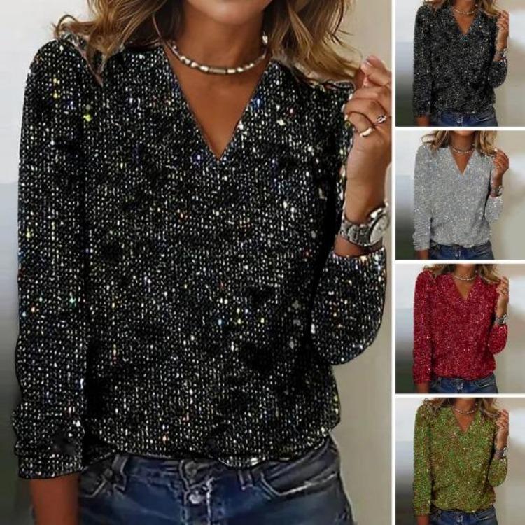 Breathable Premium Blouse Soft Long Sleeve V Neck Loose Women Shirt Daily Party Club Commute Sequin Lady Pullover