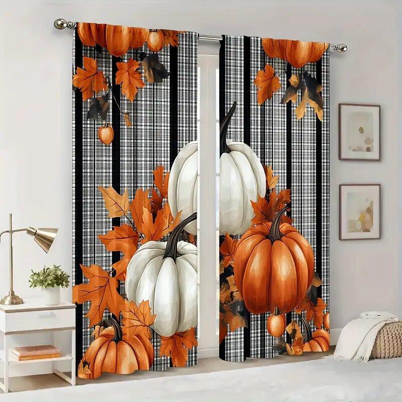 Farmhouse Autumn Pumpkin Pattern Printed Curtains Window Decorations Home Room Set Of 2 Made Polyester