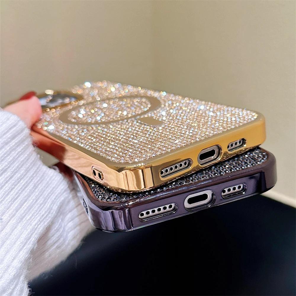 Full Diamond Rhinestones Laser Glitter Magnetic For Magsafe Case For iPhone 15 11 12 13 14 Pro Max Plus Charging Plating Cover