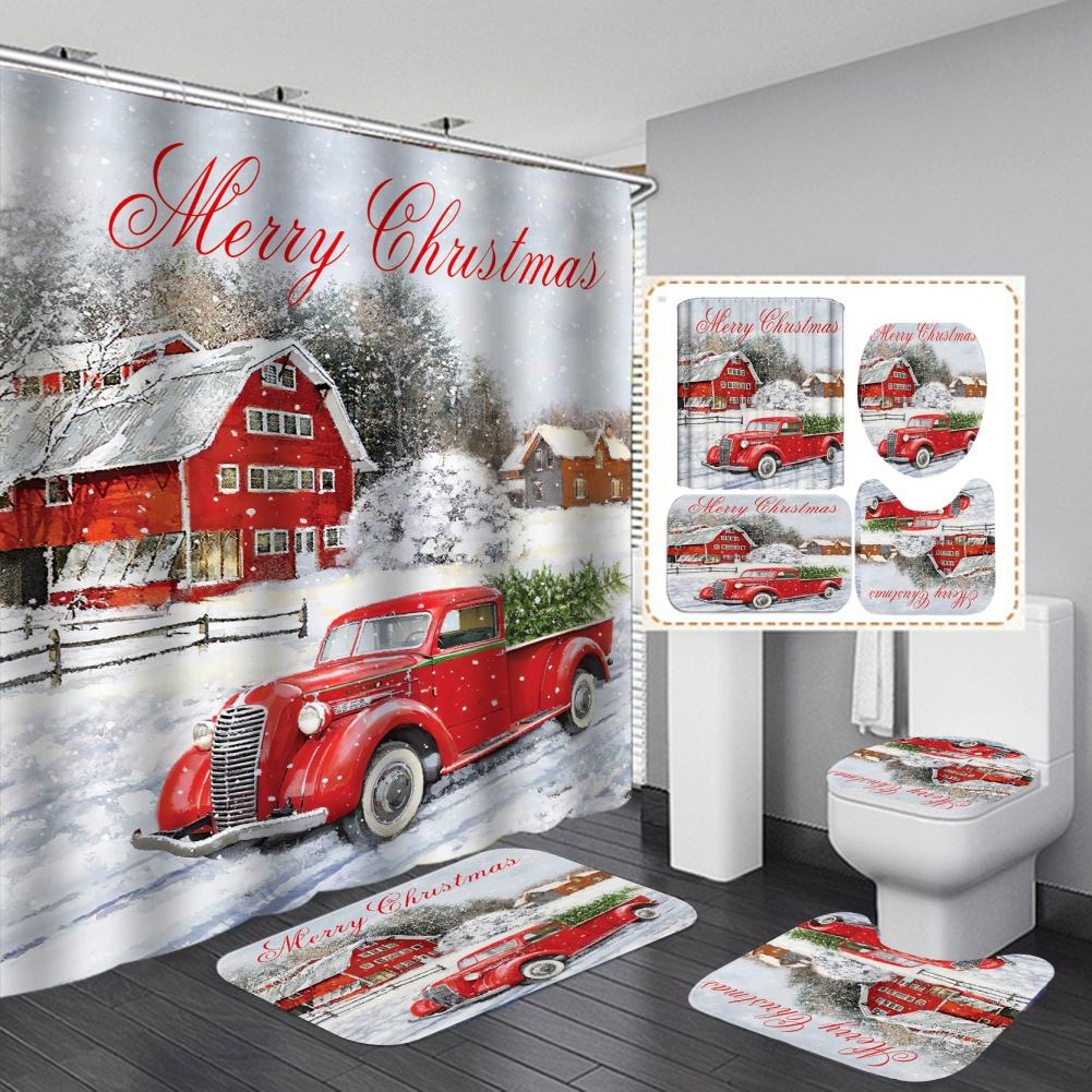 Merry Christmas Bathroom 4Pcs Set Snowman Santa Claus Pattern Waterproof Shower Curtain Toilet Cover Mat Non Slip Rug Home Decor