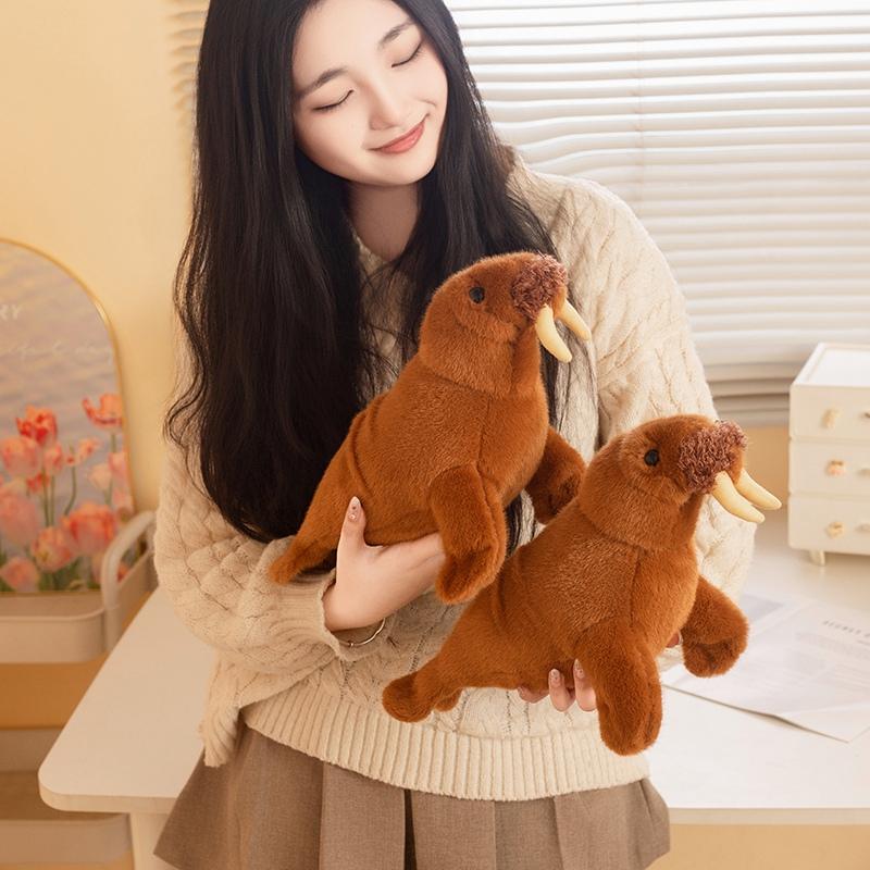 Practical Home Decor Unisex Kids Brown Docile Adorable Polar Walrus Plush Toys Stuffed Lifelike Crawling Walrus Doll Warm Soft Chubby Zoo Animal Doll Kids Gift