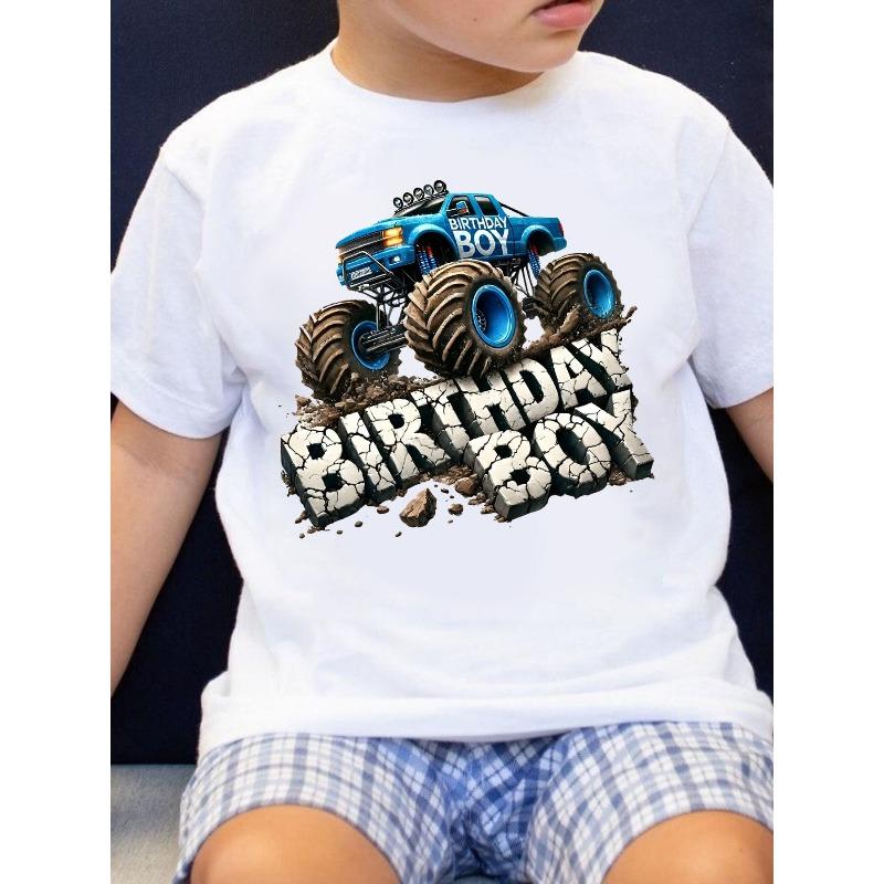 

European sizes Birthday Boy Blue Monster Truck Graphic Tee - Fun and Bold Design for Kids, Featuring Rugged Truck with Distressed Font, 164cm білий