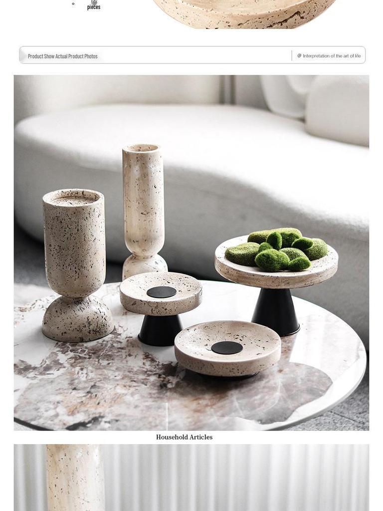 Wabi-Sabi High-Footed Round Fruit Plate - Light Luxury Yellow Travertine Style Decorative Tray