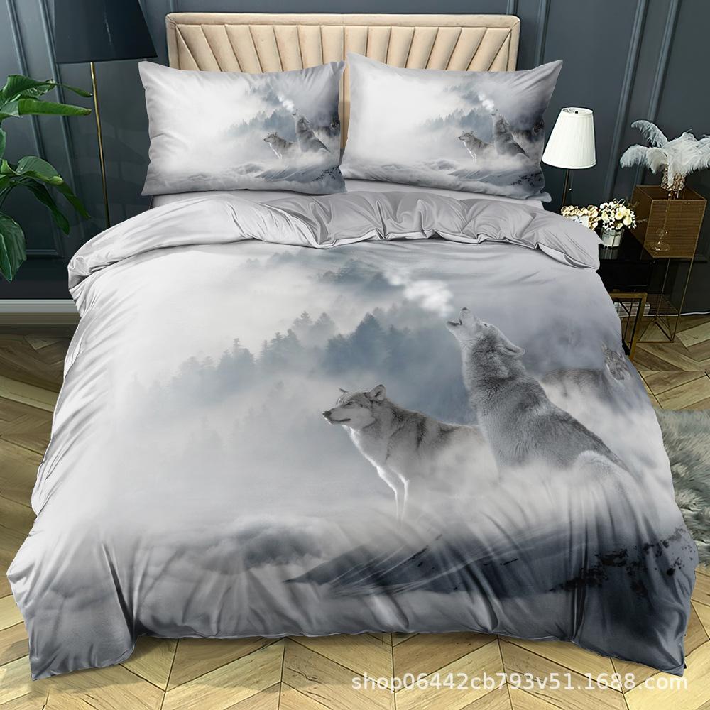 Wolf Themed Bedding Set with Animal Pattern Down Duvet and Pillowcase 2/3 Pieces of Microfiber Fabric Washable and Quick Drying Home Decoration